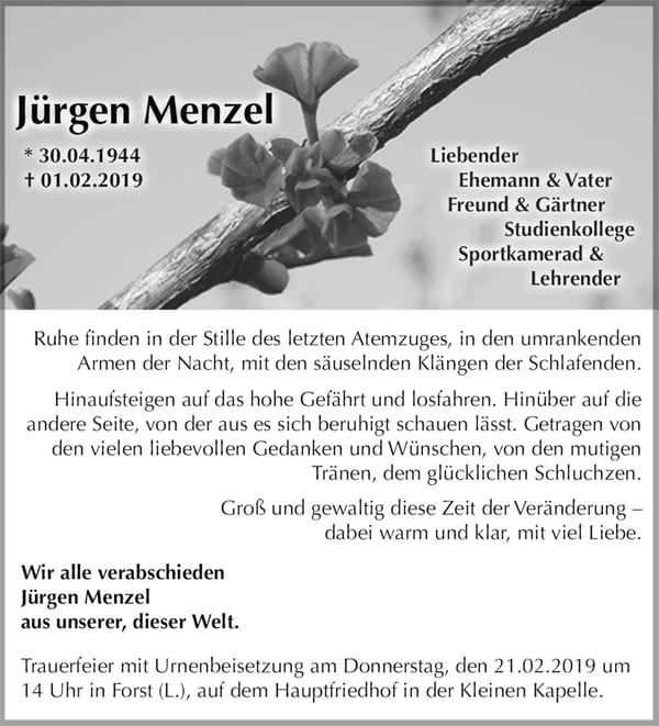Traueranzeige Jürgen Menzel