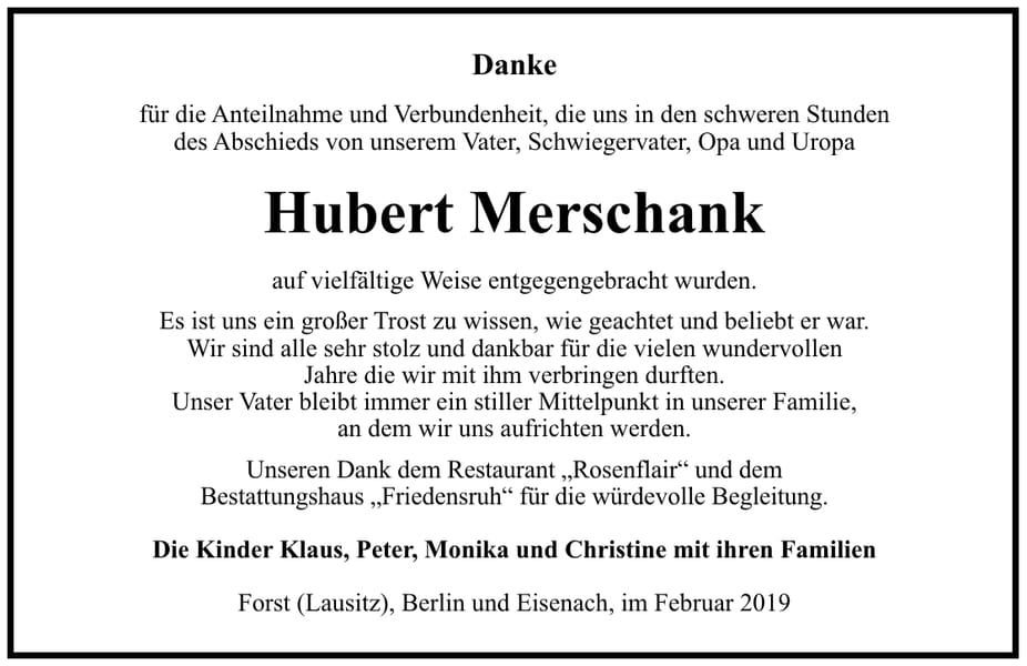Traueranzeige Hubert Merschank