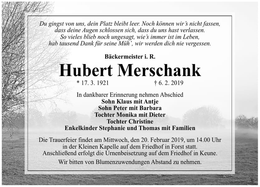 Traueranzeige Hubert Merschank
