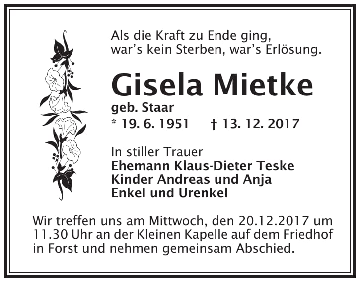 Traueranzeige Gisela Mietke, geb. Staar