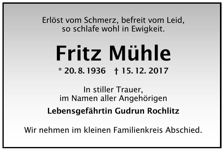 Traueranzeige Fritz Mühle