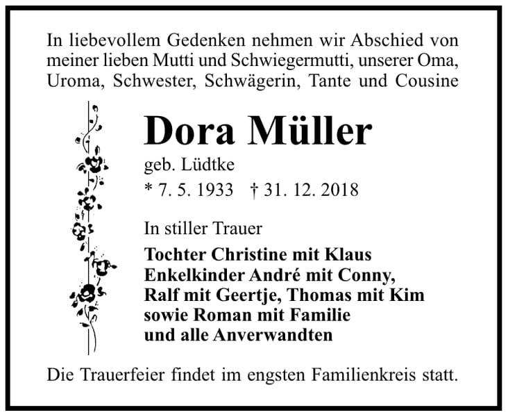 Traueranzeige Dora Müller, geb. Lüdtke