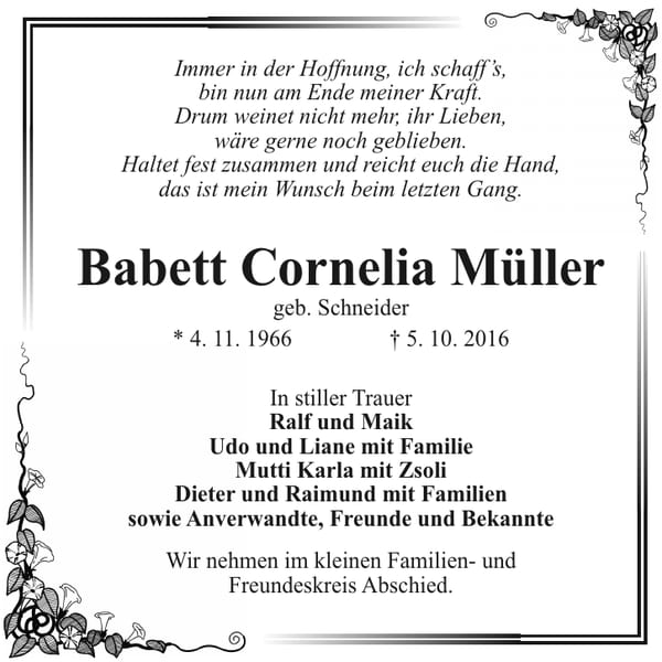 Traueranzeige Babett Cornelia Müller, geb. Schneider