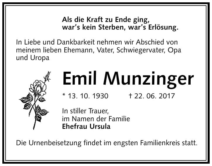 Traueranzeige Emil Munzinger