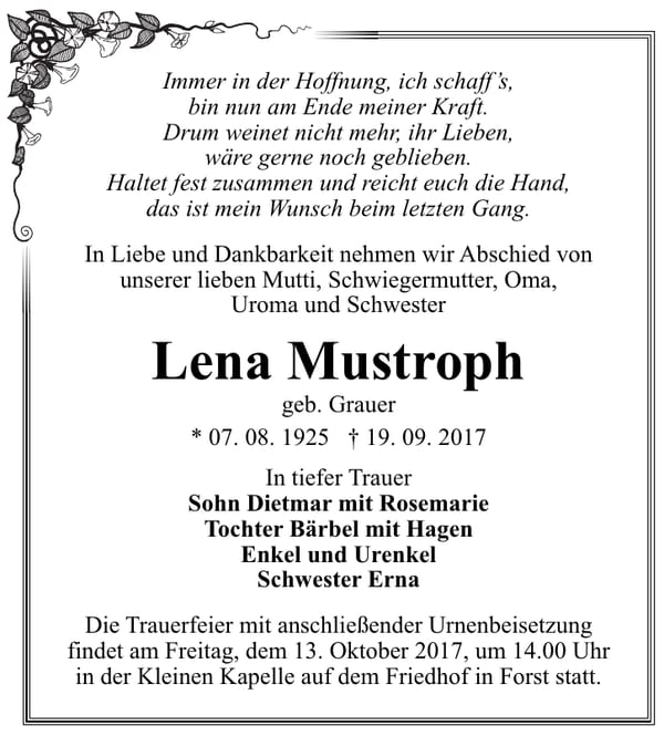 Traueranzeige Lena Mustroph, geb. Grauer
