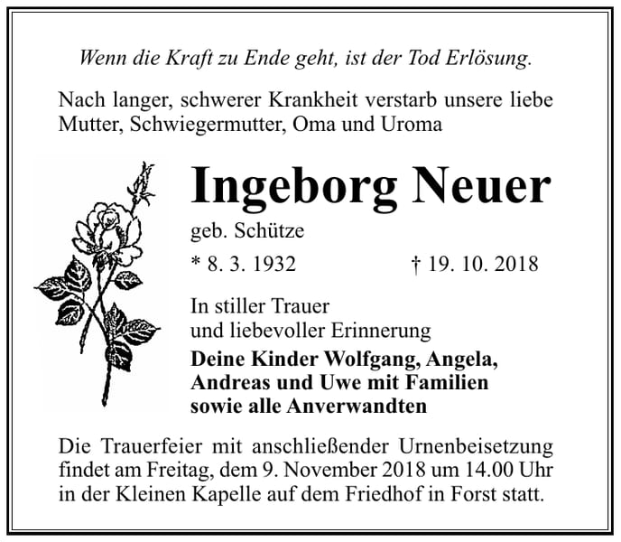 Traueranzeige Ingeborg Neuer, geb. Schütze