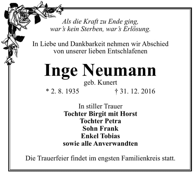Traueranzeige Inge Neumann, geb. Kunert