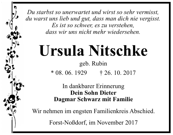 Traueranzeige Ursula Nitschke, geb. Rubin