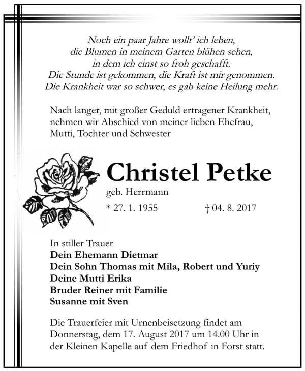 Traueranzeige Christel Petke, geb. Herrmann