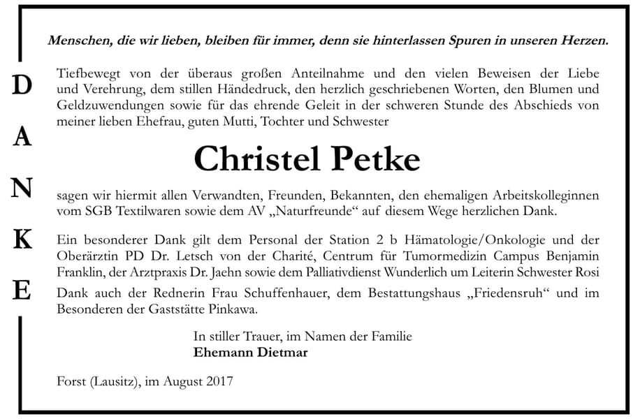 Danksagung Christel Petke