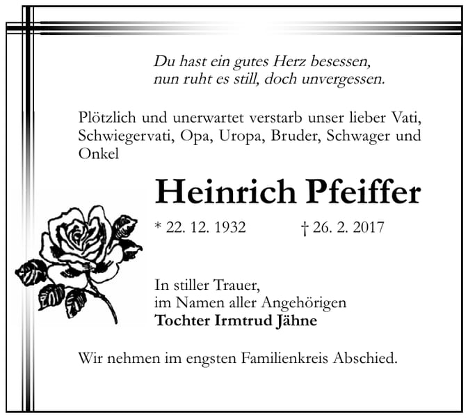 Traueranzeige Heinrich Pfeiffer