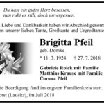 Traueranzeige Brigitta Pfeil, geb. Domke