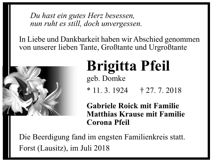 Traueranzeige Brigitta Pfeil, geb. Domke