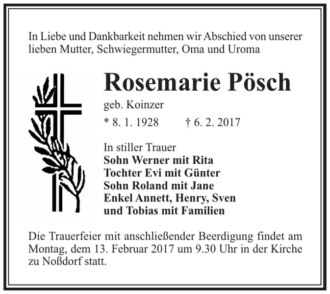 Traueranzeige Rosemarie Pösch, geb. Koinzer
