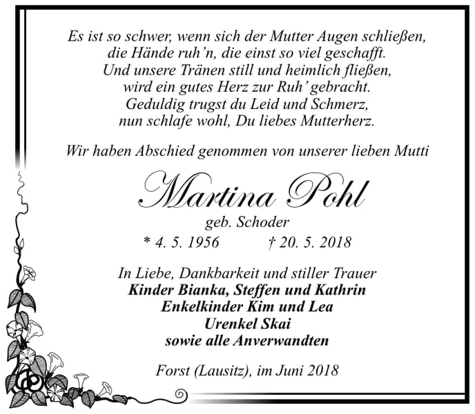 Traueranzeige Martina Pohl geb. Schoder