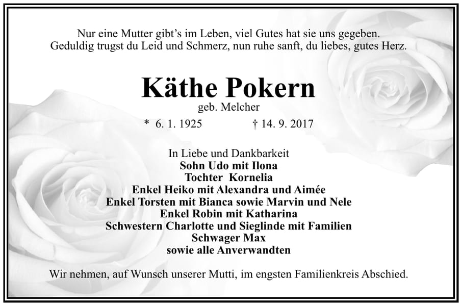 Traueranzeige Käthe Pokern, geb. Melcher