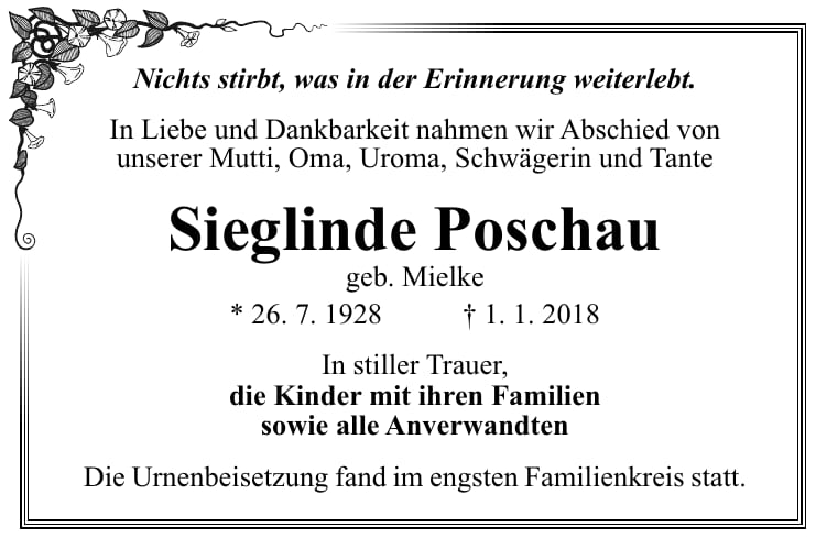 Traueranzeige Sieglinde Poschau, geb. Mielke