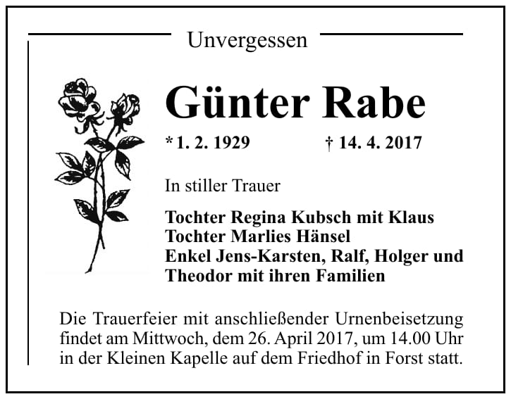 Traueranzeige Günter Rabe