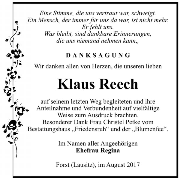 Danksagung Klaus Reech