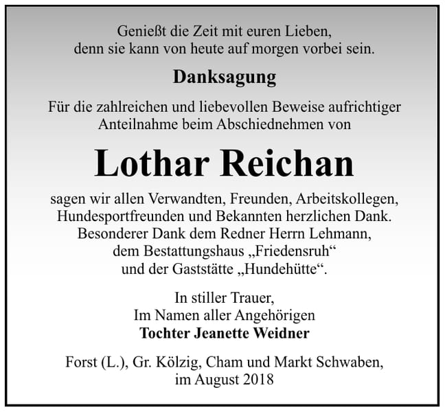 Danksagung Lothar Reichan