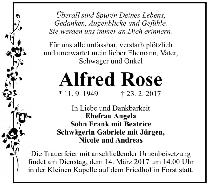 Traueranzeige Alfred Rose