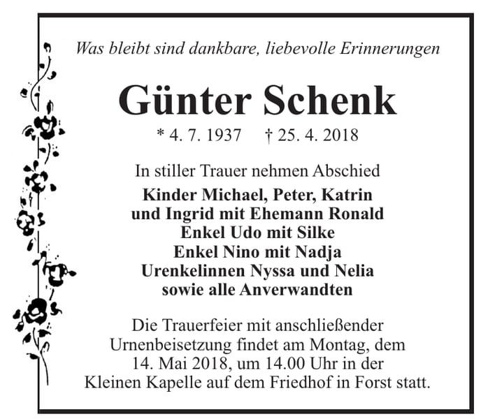 Traueranzeige Günter Schenk