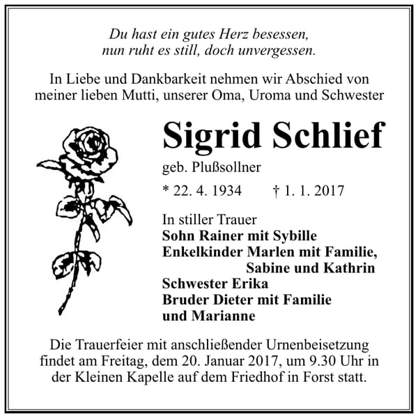 Traueranzeige Sigrid Schlief, geb. Plußsollner