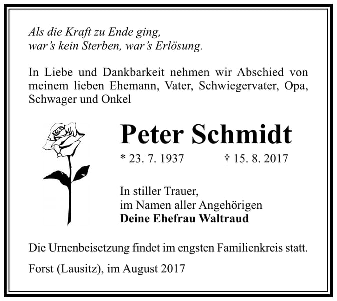 Traueranzeige Peter Schmidt