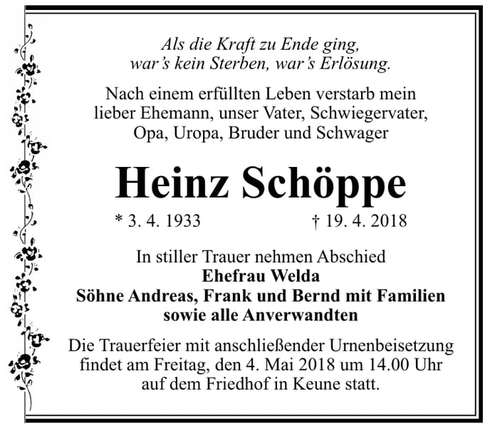 Traueranzeige Heinz Schöppe