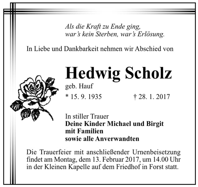 Traueranzeige Hedwig Scholz, geb. Hauf