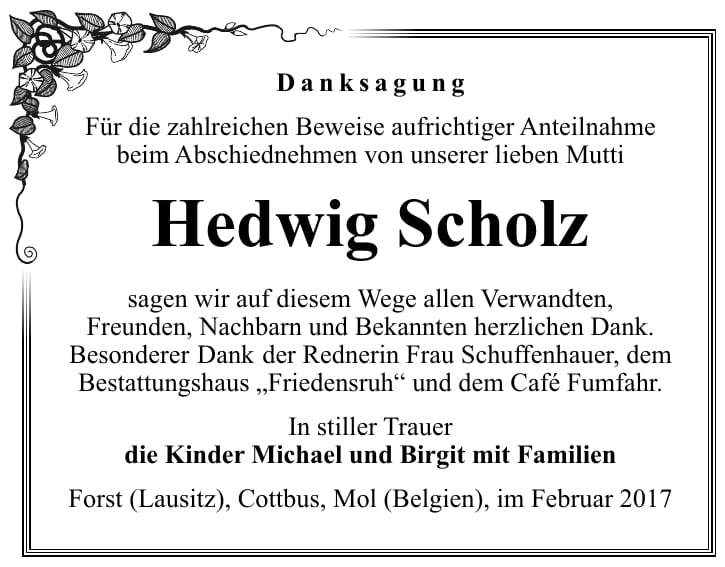Danksagung Hedwig Scholz