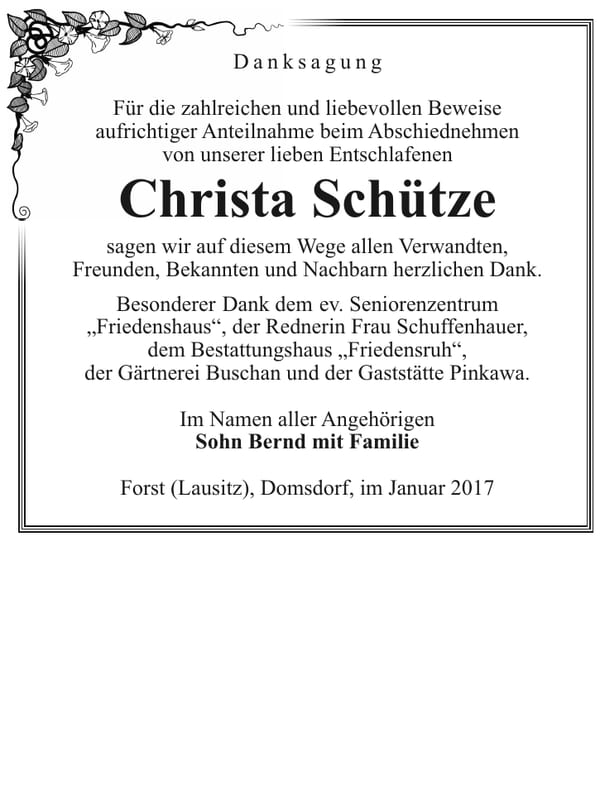 Danksagung Christa Schütze