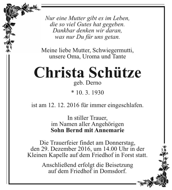 Traueranzeige Christa Schütze, geb. Derno