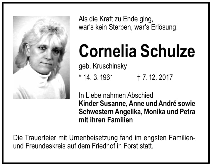 Traueranzeige Cornelia Schulze, geb. Kruschinsky