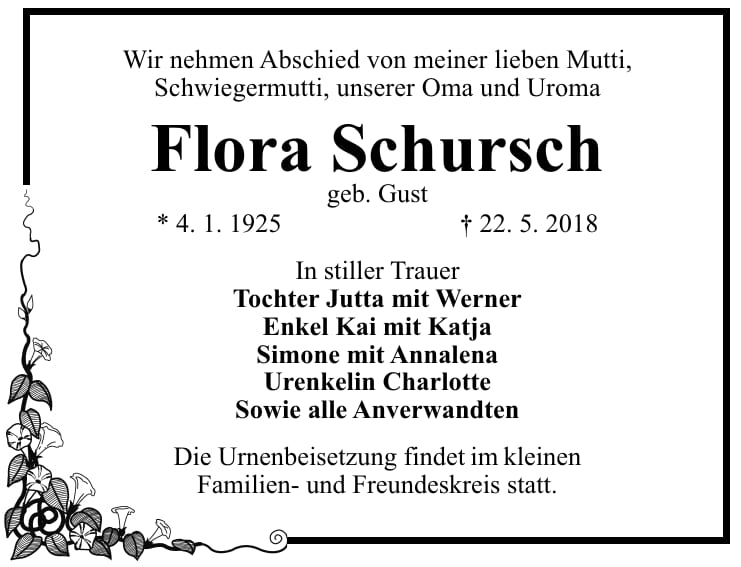 Traueranzeige Flora Schursch, geb. Gust
