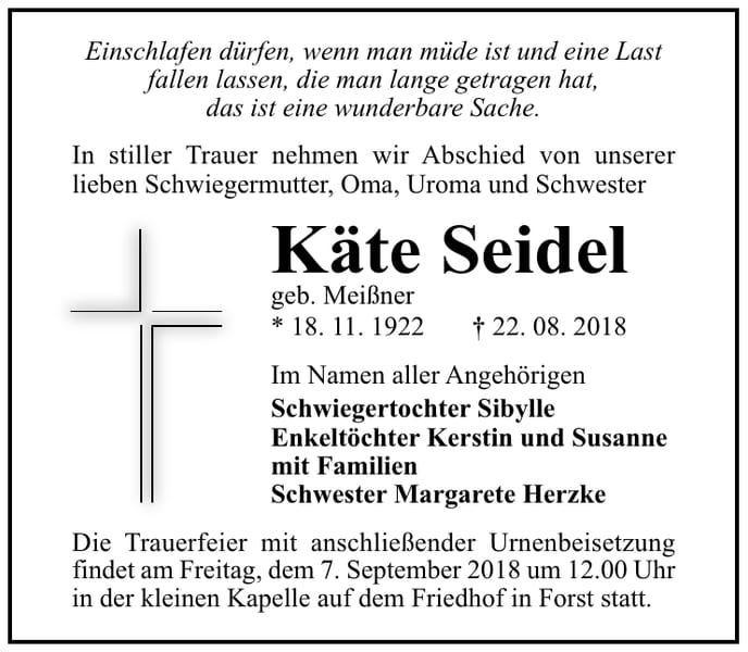 Traueranzeige Käte Seidel, geb. Meißner