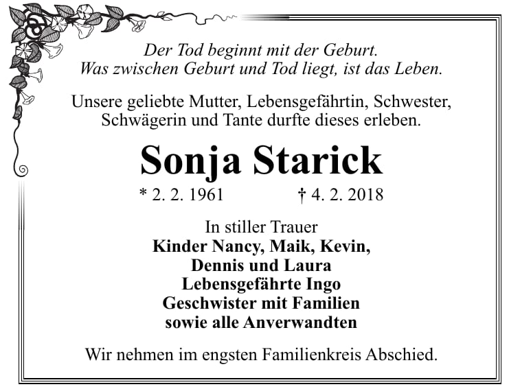 Traueranzeige Sonja Starick