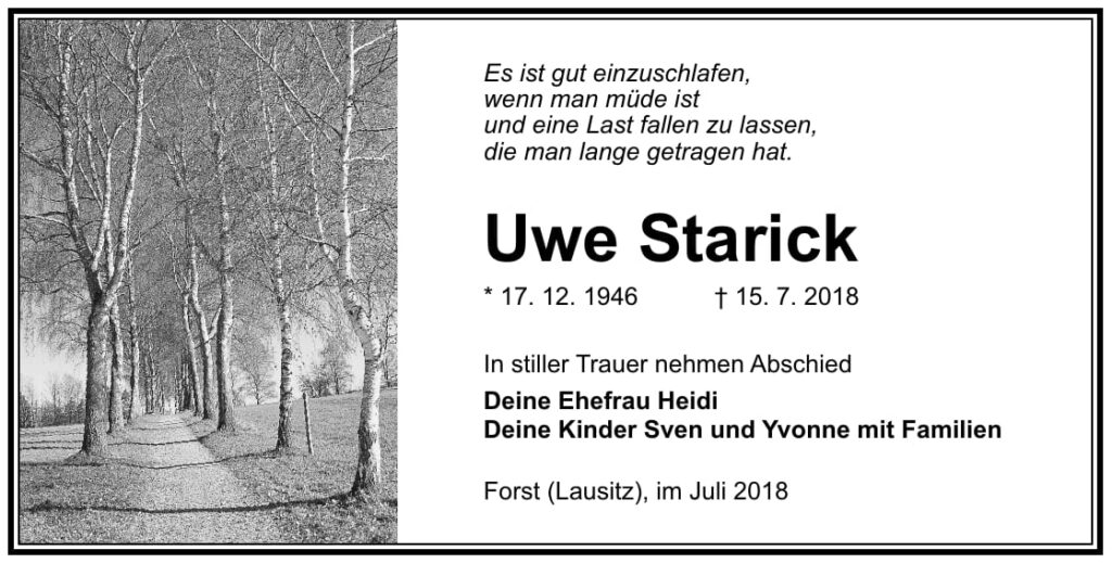 Traueranzeige Uwe Starick