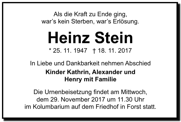Traueranzeige Heinz Stein
