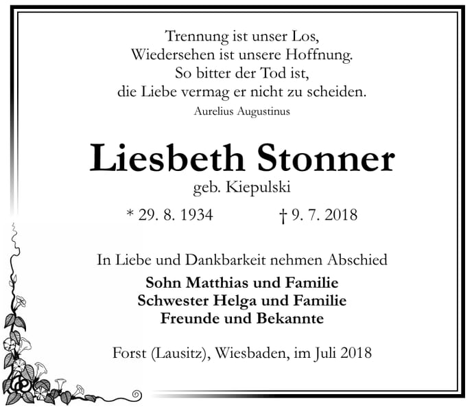 Traueranzeige Liesbeth Stonner, geb. Kiepulski