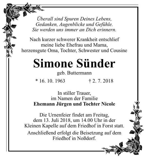Traueranzeige Simone Sünder, geb. Buttermann