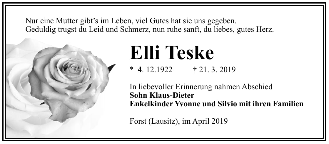 Traueranzeige Elli Teske