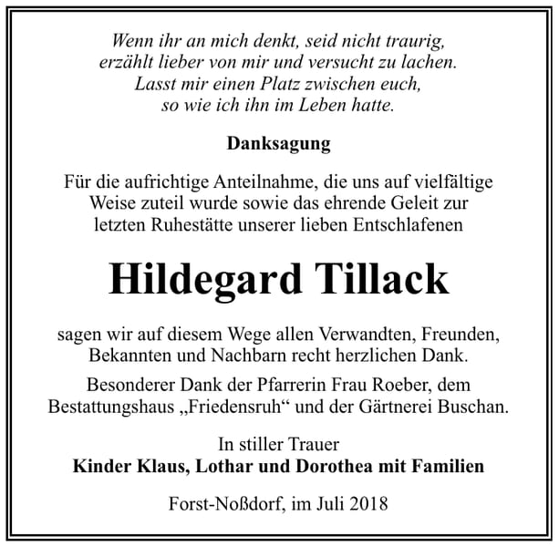 Danksagung Hildegard Tillack
