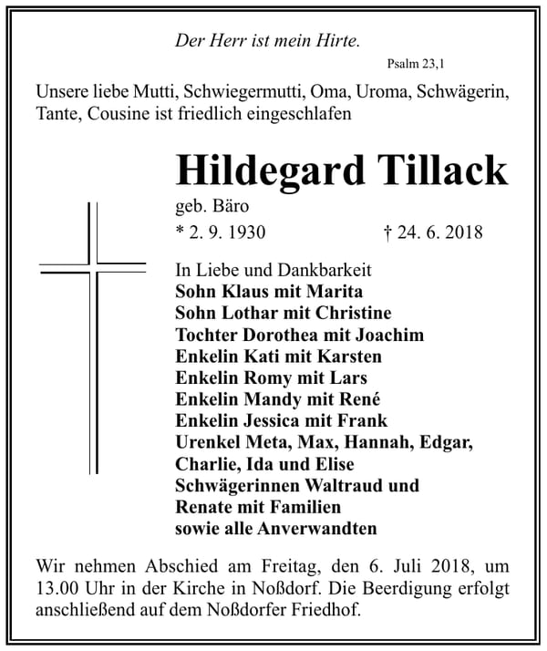 Traueranzeige Hildegard Tillack, geb. Bäro