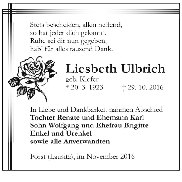 Traueranzeige Liesbeth Ulbrich, geb. Kiefer