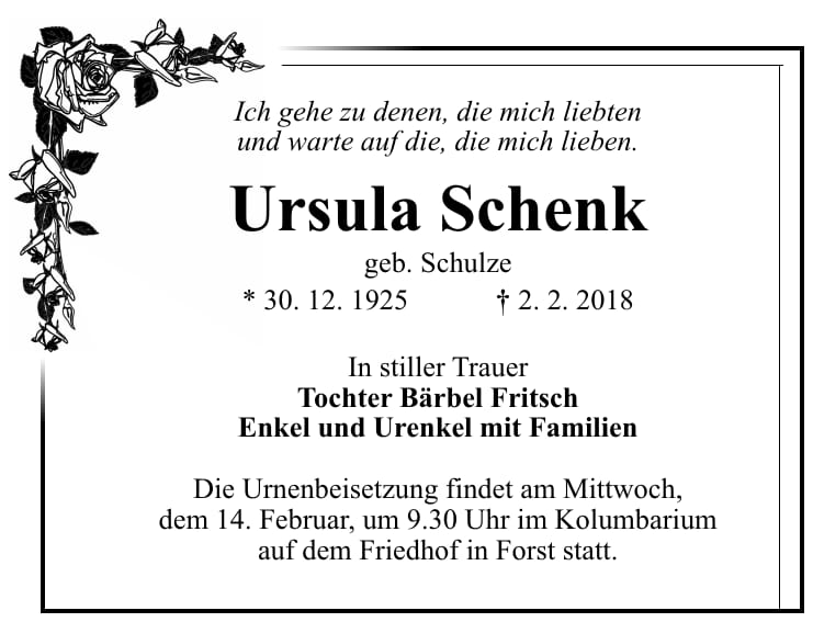 Traueranzeige Ursula Schenk, geb. Schulze