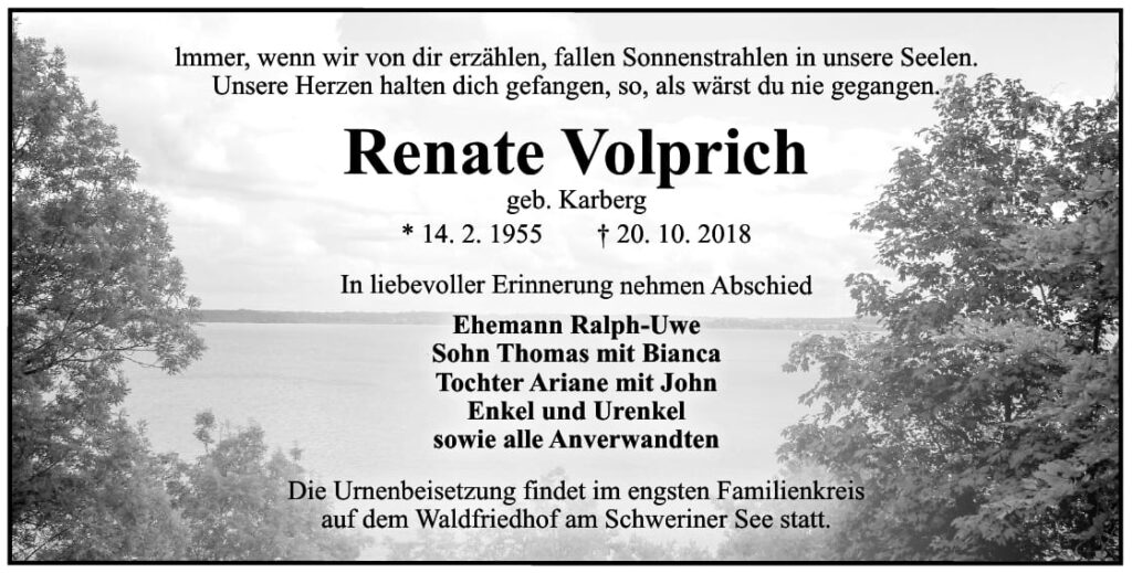 Traueranzeige Renate Volprich, geb. Karberg