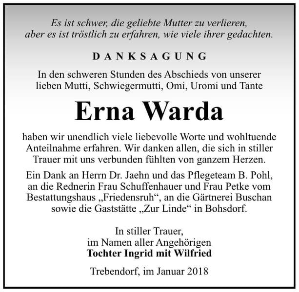 Danksagung Erna Warda