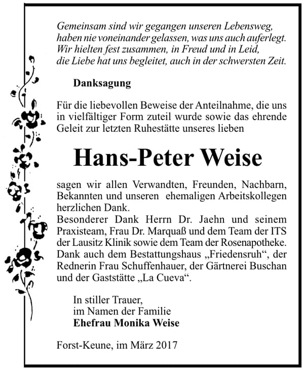 Danksagung Hans-Peter Weise