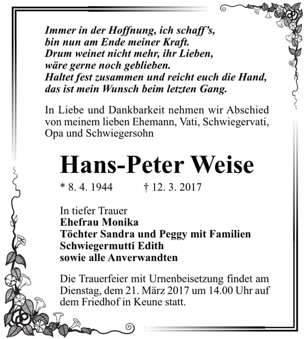 Traueranzeige Hans-Peter Weise
